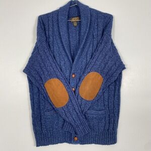 Vintage Eddie Bauer Sweater Mens XL Blue Cable Cardigan Elbow Patches USA 80s